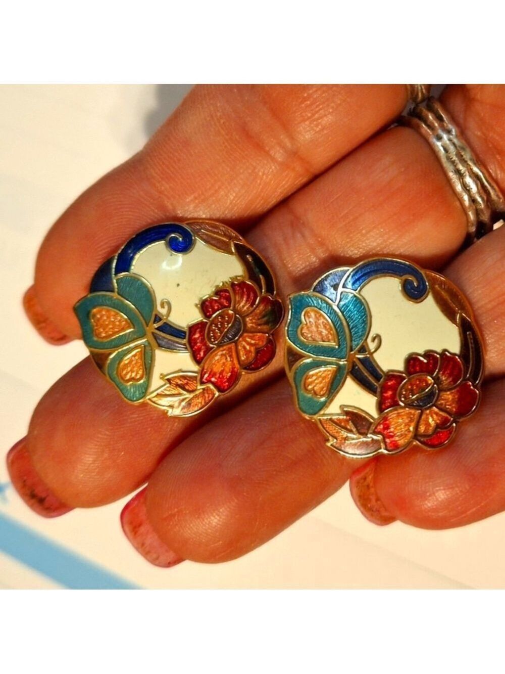 Cloisenne Enamel Floral Butterfly Posts Earrings